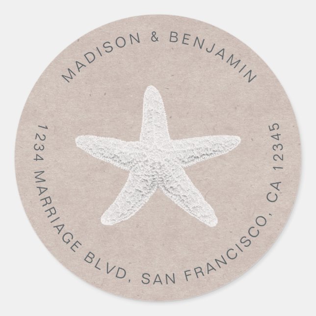 Starfish Beach Wedding Return Address Kraft Classic Round Sticker (Front)