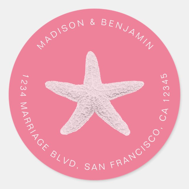 Starfish Beach Wedding Return Address Pink Classic Round Sticker (Front)