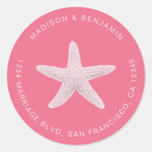 Starfish Beach Wedding Return Address Pink Classic Round Sticker