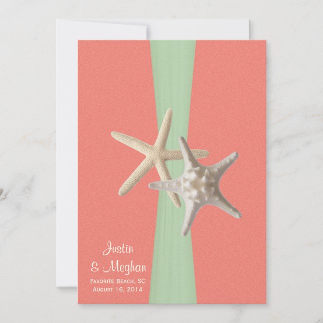 Starfish Beach Wedding Shell Coral Mint Invitation (Front)