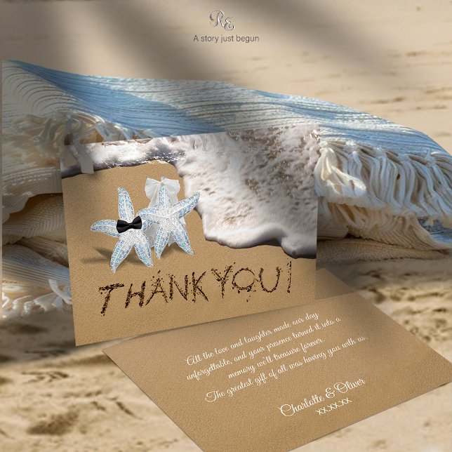 Starfish Beach Wedding Thank You Card (Starfish bride & groom thank you card with carved sand typography, perfect for beach weddings.)