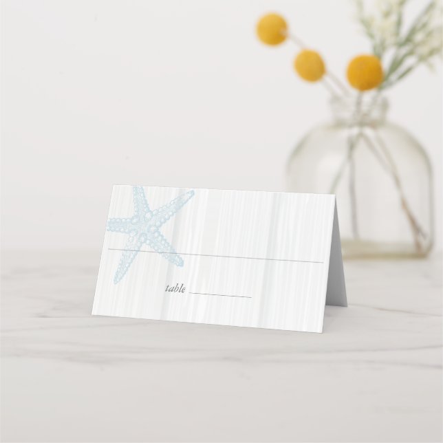 Starfish Beach Wedding Wood Blue Folded Place Card (Front)