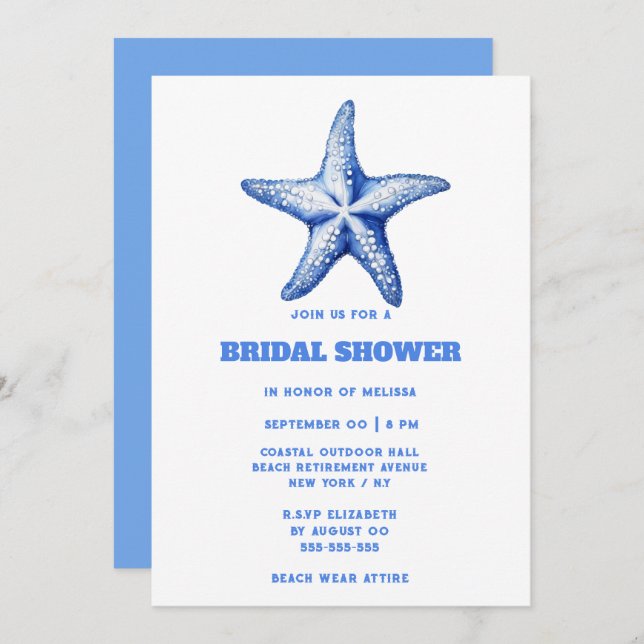 Starfish blue white beach bridal shower invitation (Front/Back)