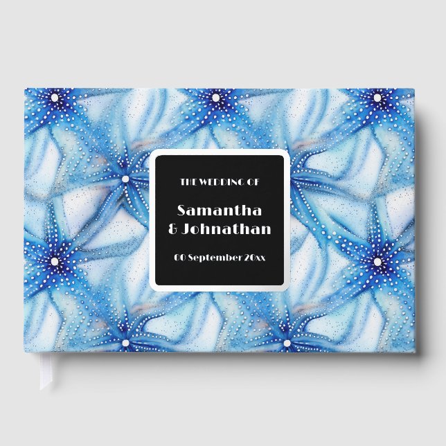 Starfish blue white beach coastal destination foil guest book (Front)