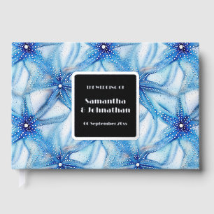 Starfish blue white beach coastal destination foil guest book