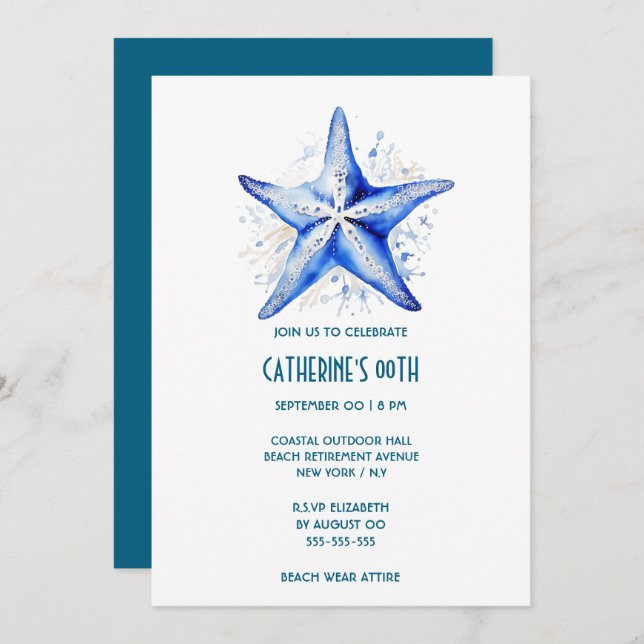 Starfish blue white beach theme birthday invitation (Front/Back)