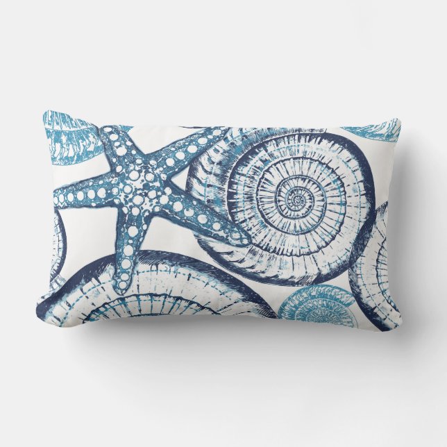 Starfish Blue White Lumbar Pillow (Front)