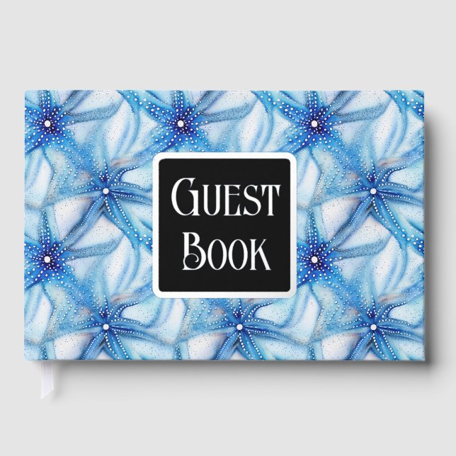Starfish blue white watercolor beach pattern foil guest book (Front)