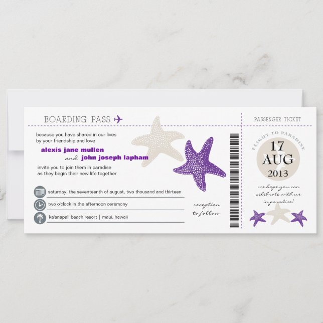 Starfish Boarding Pass Wedding Invitation (Front)