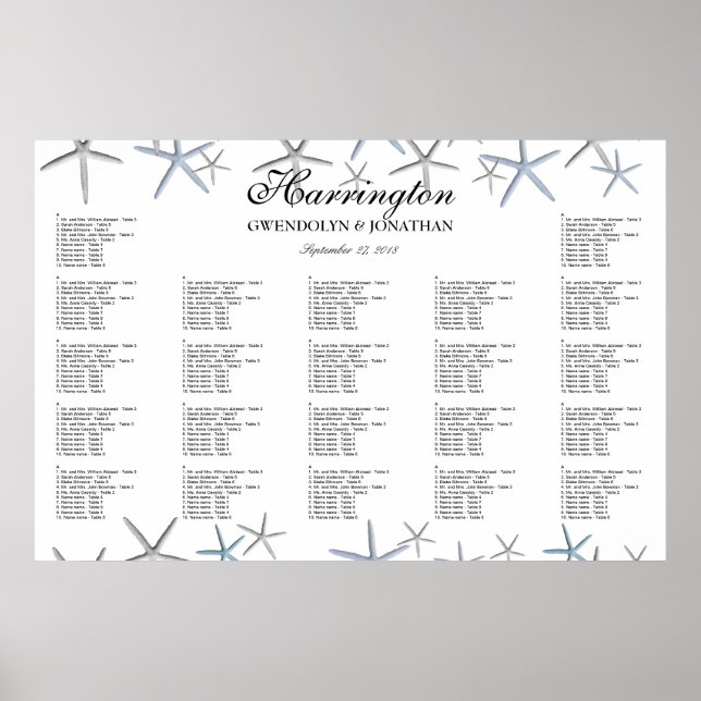 Starfish Borders Beach Wedding Seating Chart (Front)