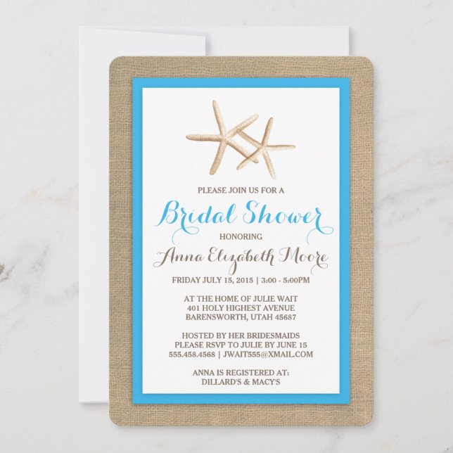 Starfish Burlap Beach Bridal Shower Invitation (Front)