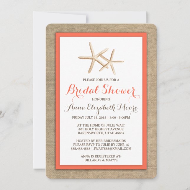 Starfish Burlap Beach Bridal Shower Invitation (Front)