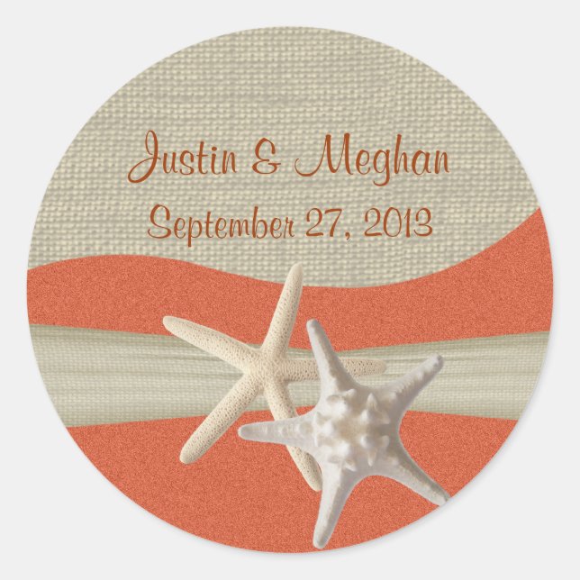 Starfish & Burlap Coral Beach Classic Round Sticker (Front)