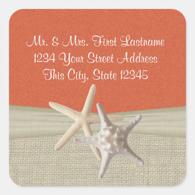 Starfish & Burlap Coral Beach Square Sticker (Front)