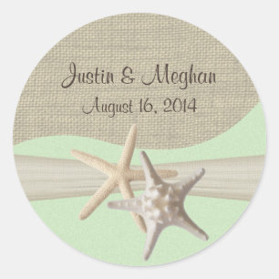 Starfish & Burlap Green Classic Round Sticker