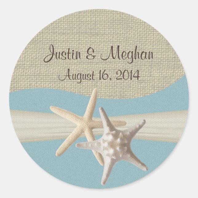 Starfish & Burlap Ocean Sky Blue Classic Round Sticker (Front)