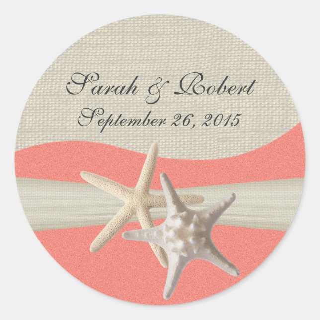 Starfish & Burlap Shell Coral Classic Round Sticker (Front)