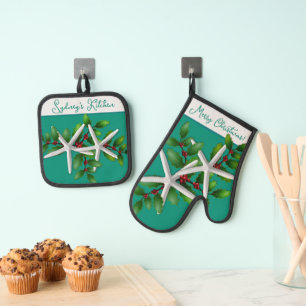 Starfish Christmas Kitchen Baking Oven Mitt & Pot Holder Set