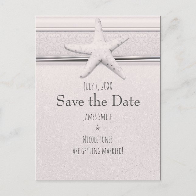Starfish Classic White Beach Wedding Save the Date Announcement Postcard (Front)