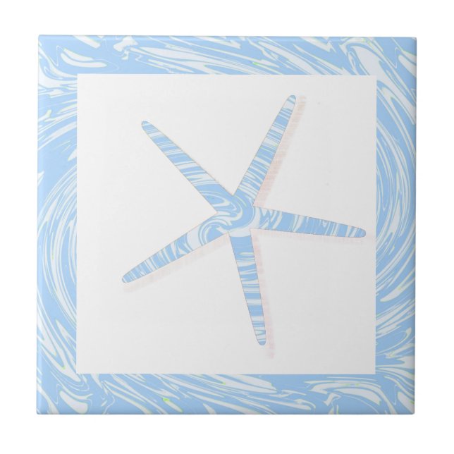 Starfish Coastal Beach Blue White Nautical Decor Tile (Front)