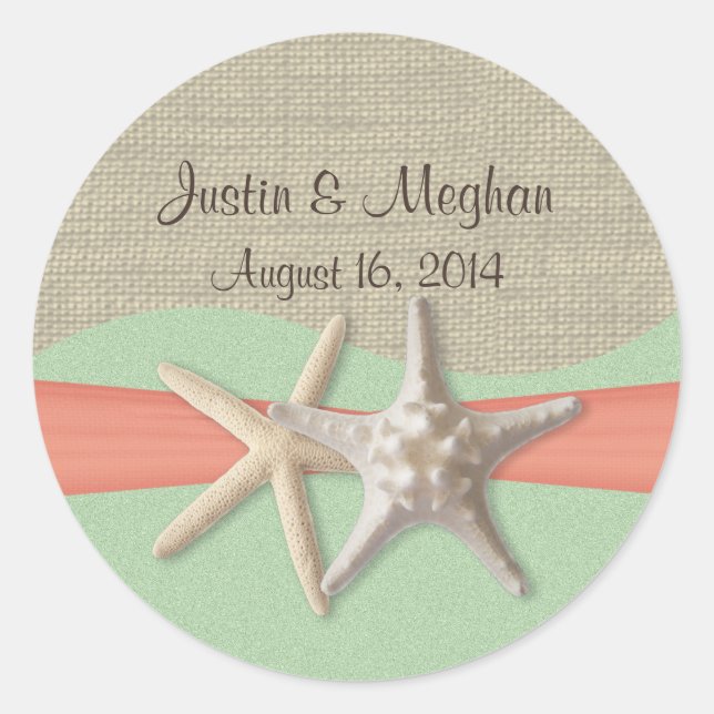 Starfish Coral and Mint Classic Round Sticker (Front)