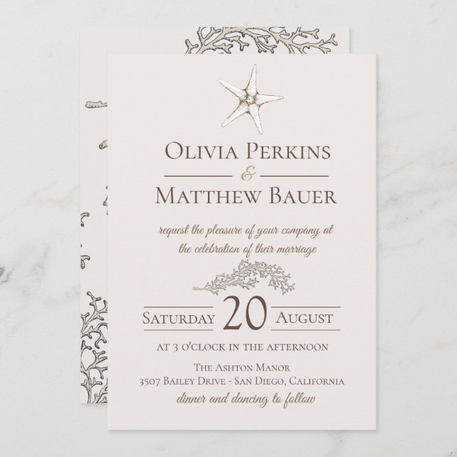 Starfish Coral Beach Wedding Invitation (Front/Back)
