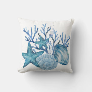 Starfish Coral Blue Watercolor Beachy Art Cushion