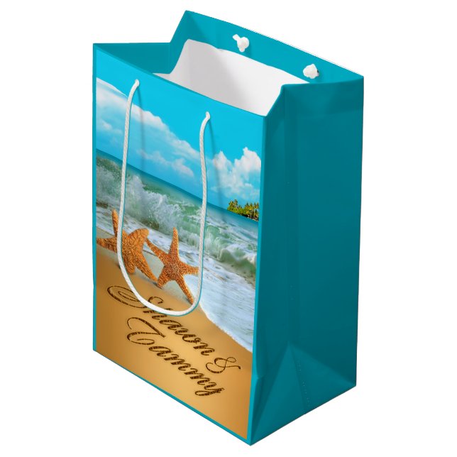 Starfish Couple ASK ME TO PUT NAMES IN SAND Medium Gift Bag (Front Angled)