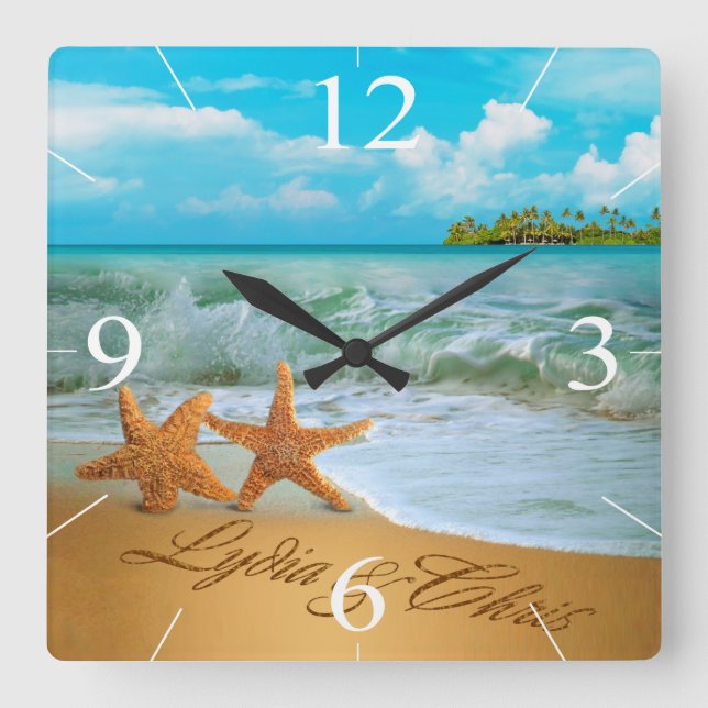 Starfish Couple ASK ME TO PUT NAMES IN THE SAND Square Wall Clock (Front)