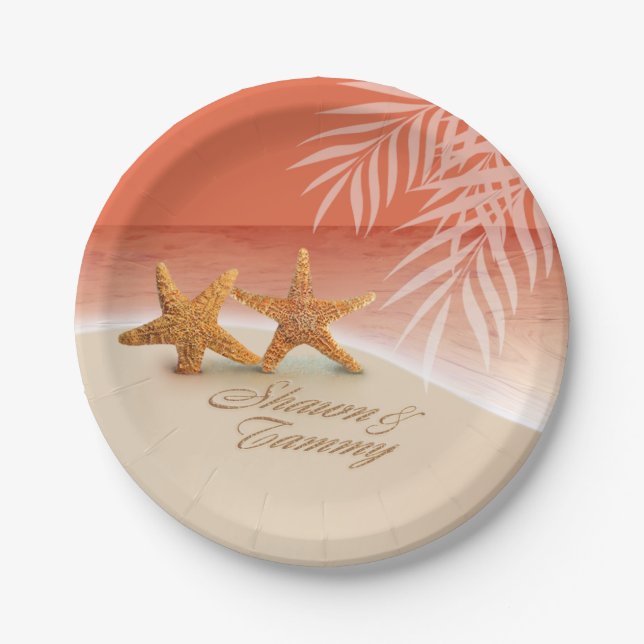 Starfish Couple ASK TO HAVE YOUR NAMES PUT IN SAND Paper Plate (Front)