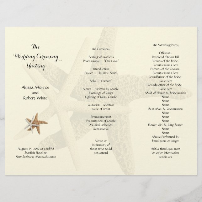 Starfish Couple Cream Tri-Fold Wedding Program (Front)
