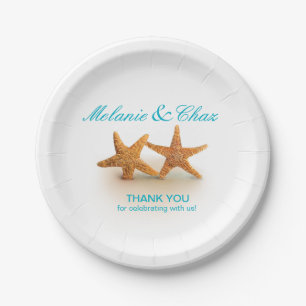 Starfish Couple on the Beach Party   teal Paper Plate