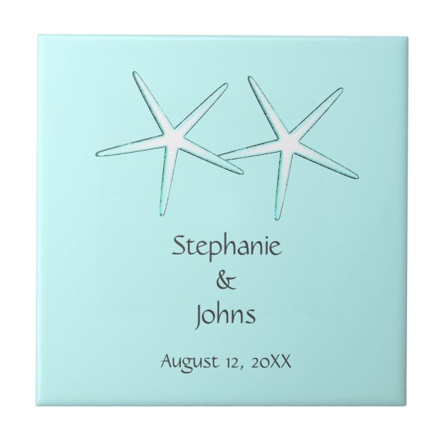 Starfish Cute Couple Teal White Gift Favour Weddin Tile (Front)