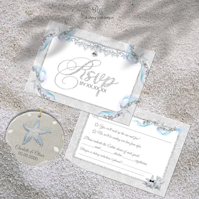 Starfish & Diamonds RSVP Card (Front and back of Starfish & Diamonds RSVP Card styled with coastal gem accents in the sand.)