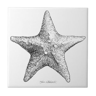 Starfish Drawing Ocean Beach Art Black & White Tile