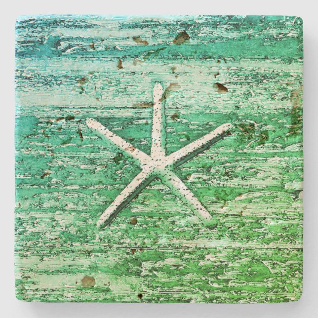 Starfish Driftwood Rustic Nautical Blue Green Stone Coaster (Front)