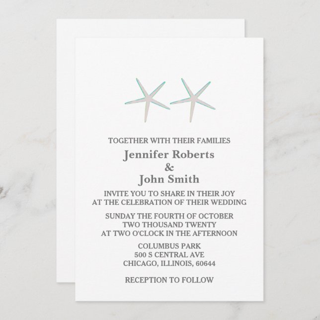 Starfish Elegant Grey Teal White Nautical Wedding Invitation (Front/Back)
