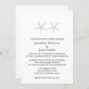 Starfish Elegant Grey Teal White Nautical Wedding Invitation