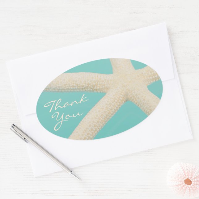 Starfish elegant ocean beach teal cream oval sticker (Envelope)