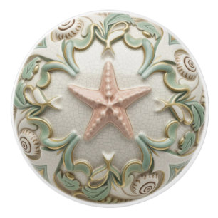 Starfish Faux Relief Sea Star Cream Gold & Green Ceramic Knob