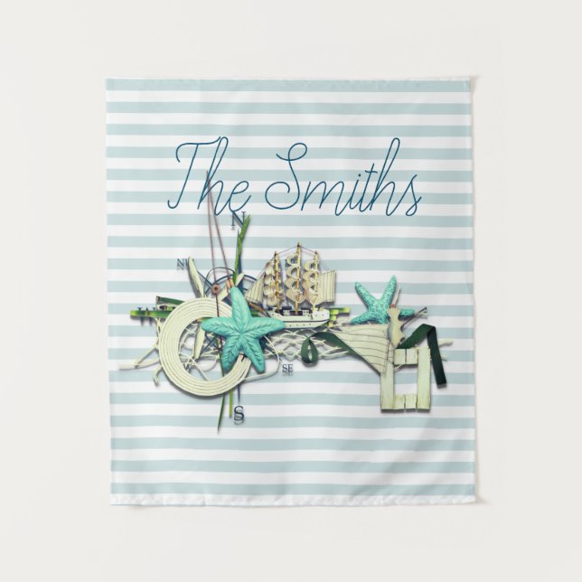 Starfish, Fishing Net & Tall Ship Nautical Tapestry (Front)
