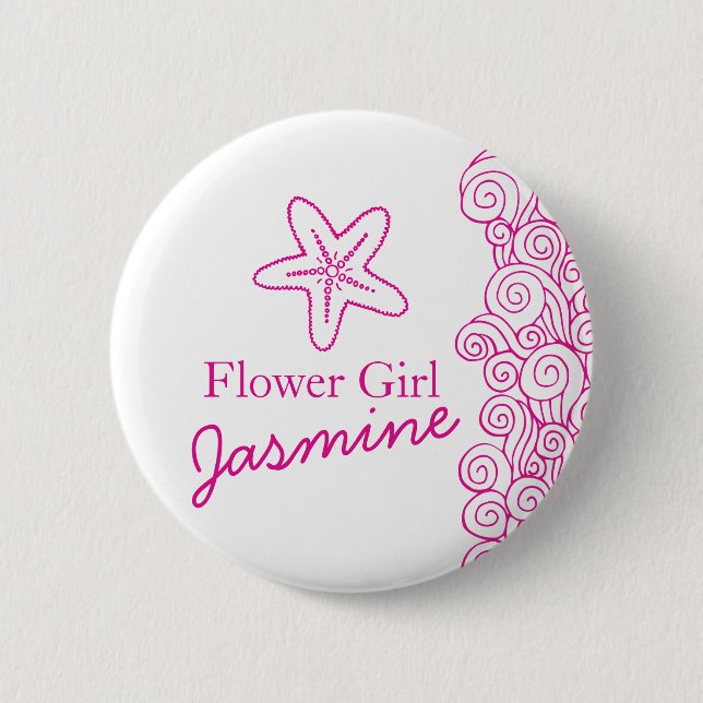 Starfish flower girl pink wedding pin / button (Front)