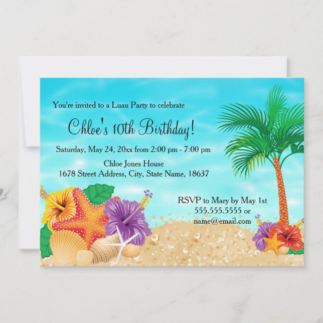 Starfish Flower Luau Birthday Party Invite (Front)