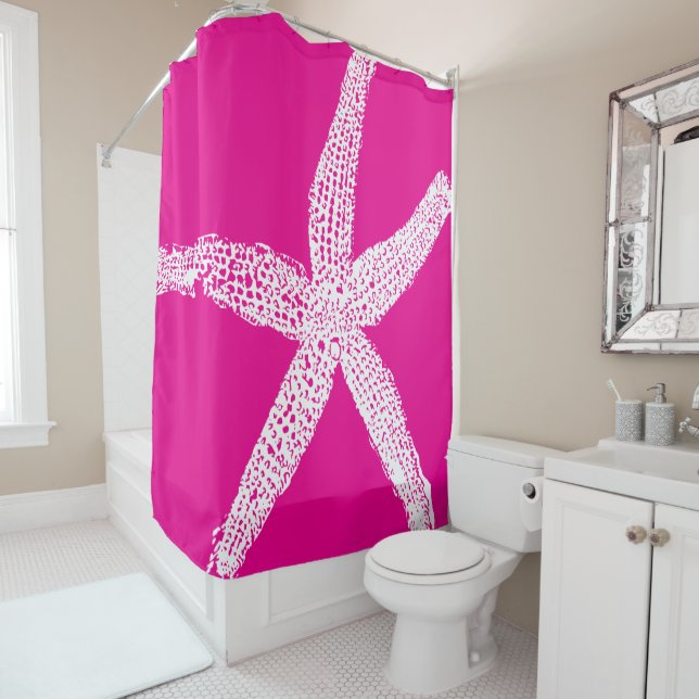 Starfish Hot Pink White Custom Colour Beach House Shower Curtain (In Situ)