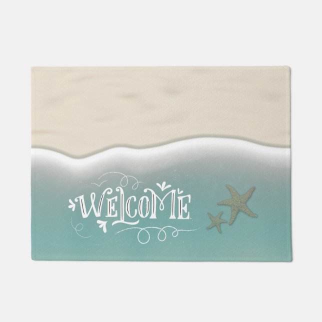 Starfish in Aqua Ocean Water & Beach Sand Welcome Doormat (Front)