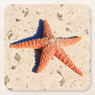 Starfish in the sand square paper coaster
