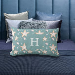 Starfish jellyfish green dark cyan monogram lumbar cushion<br><div class="desc">Green,  dark cyan coloured background decorated with orange starfish and jellyfish.  Personalise and add your name.  Large white hand lettered style script.</div>
