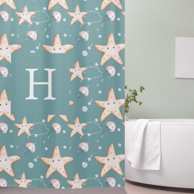 Starfish jellyfish green dark cyan monogram shower curtain (Creator Uploaded)