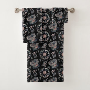 Starfish Jellyfish Seaweed Black Pattern Bath Towel Set