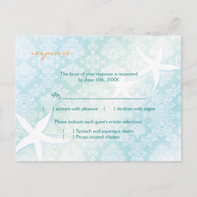 Starfish + Jewelled Damask Wedding RSVP (4.25x5.6) Invitation Postcard (Front)